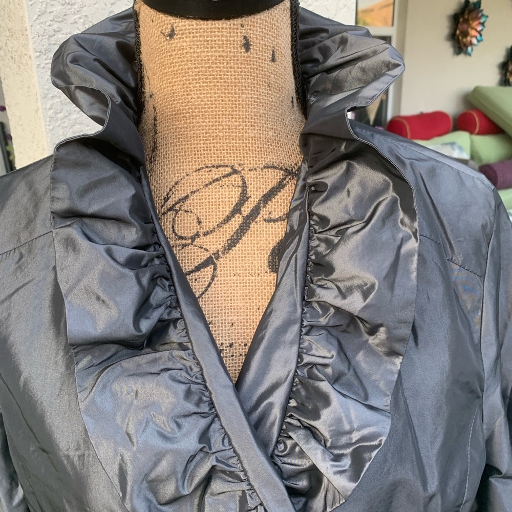 Pink Tartan gun metal color ruffled fri lined trench coat Size 12